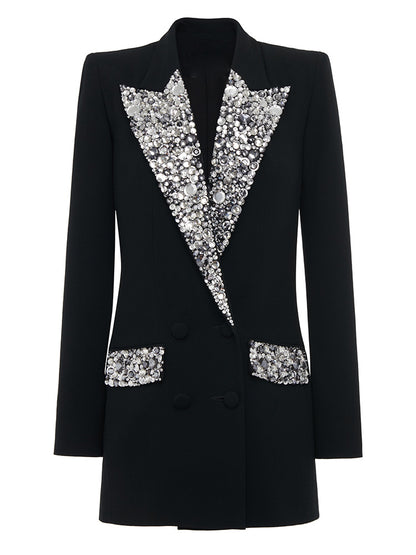 Long Sleeve Crystal Lapel Blazer Dress Black