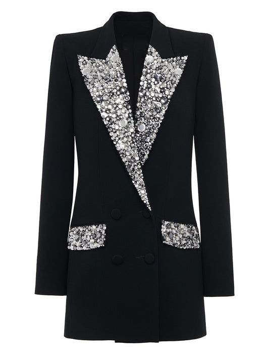 Long Sleeve Crystal Lapel Blazer Dress Black