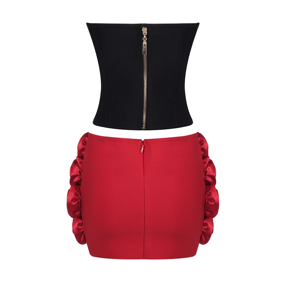 Strapless Floral Two Piece Corset Dress Black Red HV1953