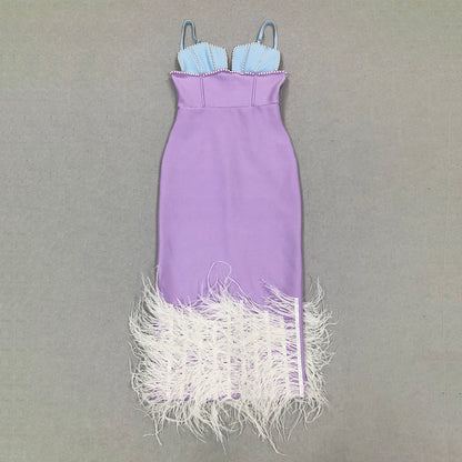 Pearl Bustier Feather Detail Midi Dress Purple HV1800