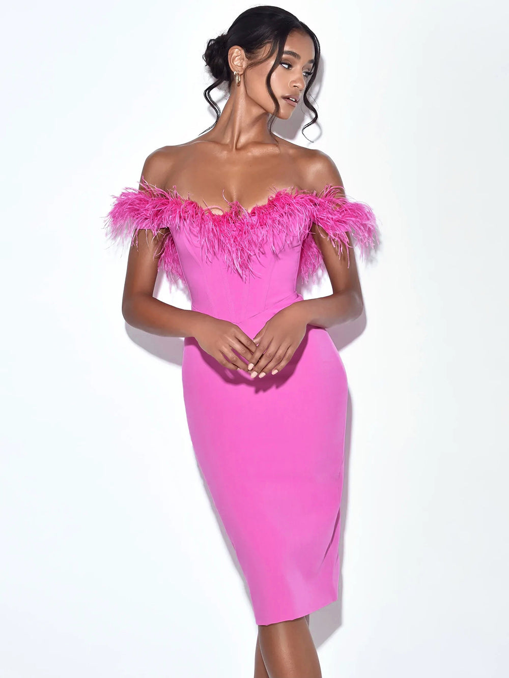 Feather Off Shoulder Midi Dress Hot Pink HV9035