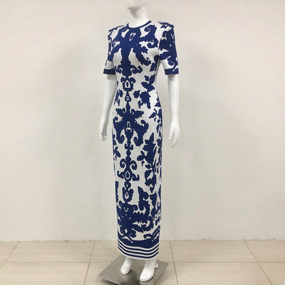 Short Sleeve Printed Maxi Dress Blue White HV1737