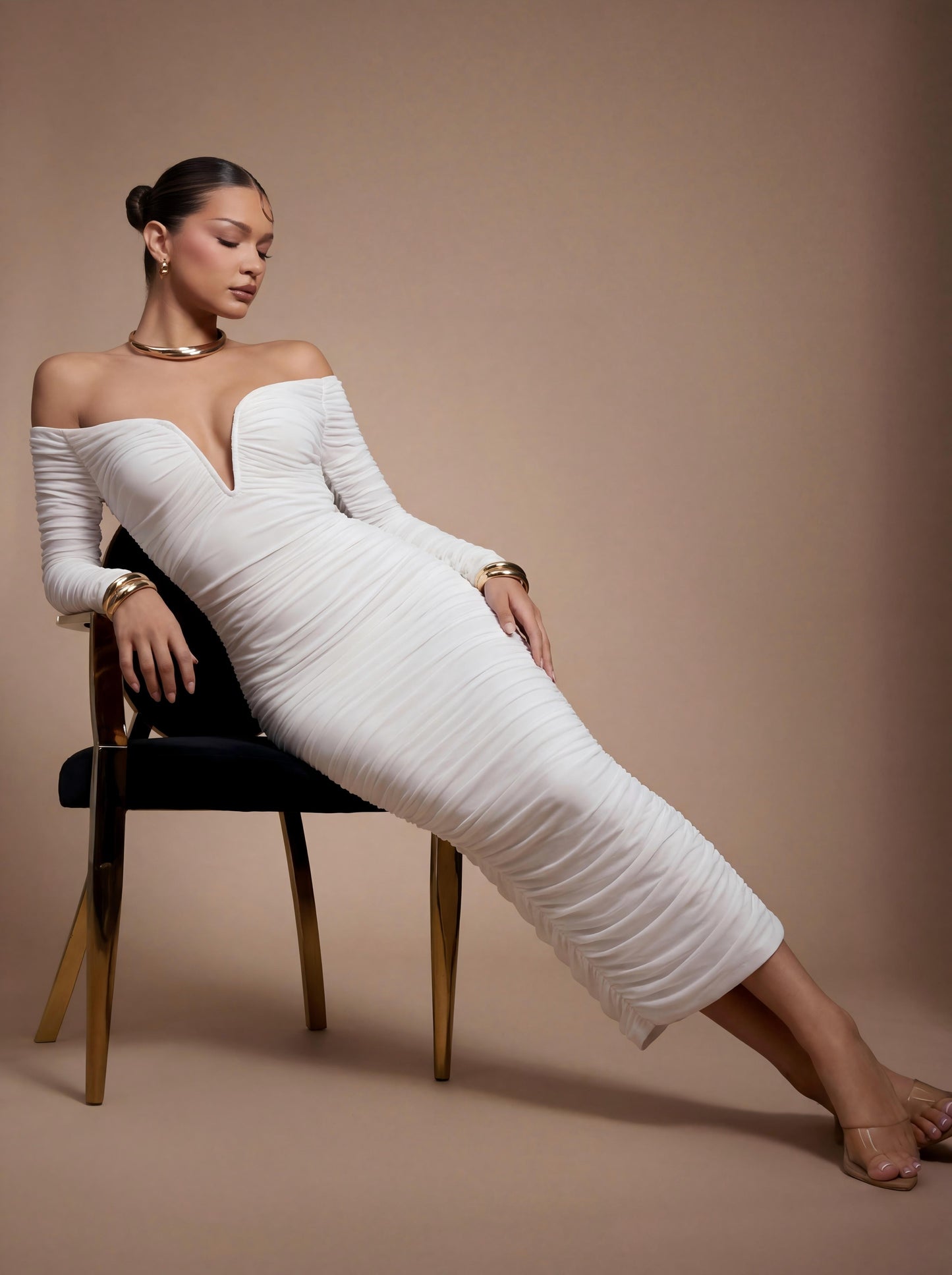 Long Sleeve Bardot Draped Midi Dress White HV3068