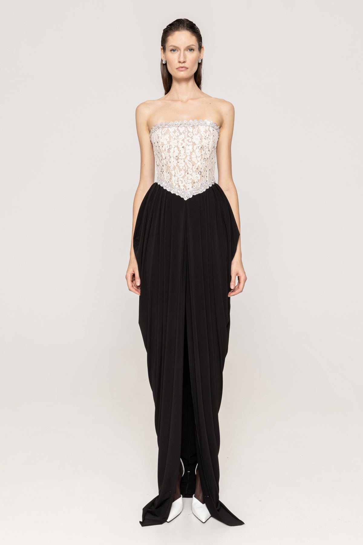 Strapless Crystal Lace Corset Maxi Dress Black White HV0039