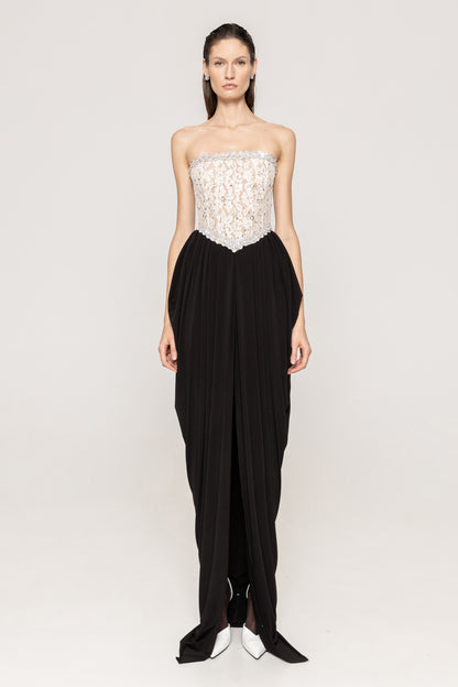 Strapless Crystal Lace Corset Maxi Dress Black White HV0039