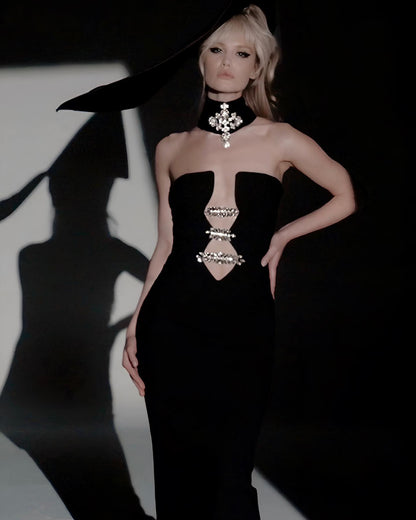Strapless Crystal Choker Maxi Dress Black