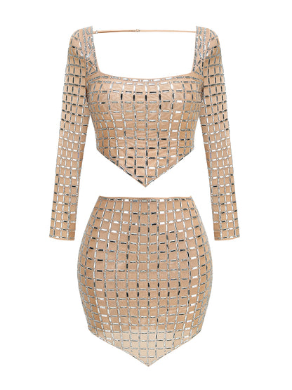 Long Sleeve Embellished Two Piece Dress Nude