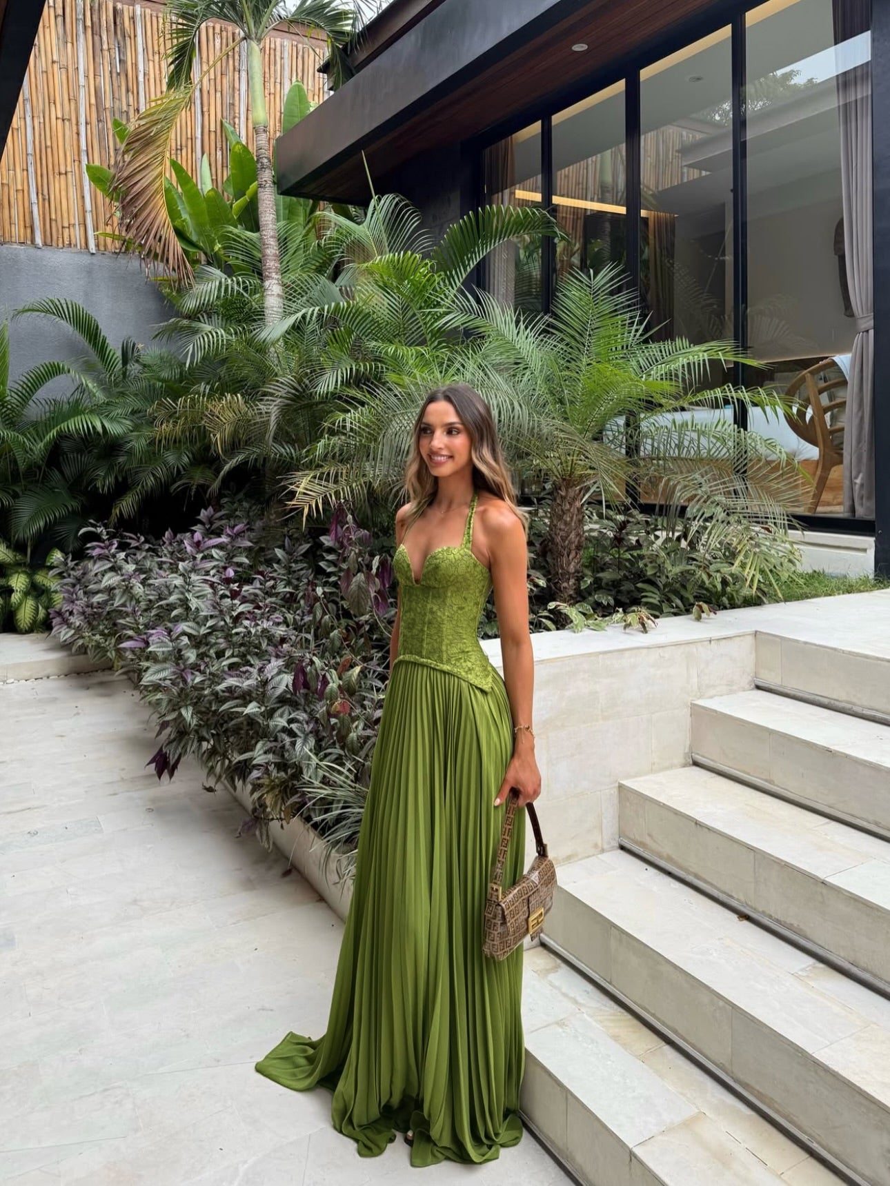 Halter Pleated Corset Maxi Dress Green HV0095