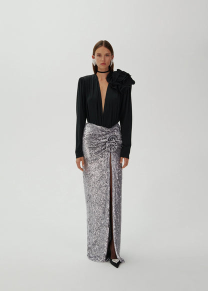 Floral Sequin Maxi Skirt Silver HV1610