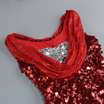 Draped Sequin Maxi Dress Red Silver HV1924