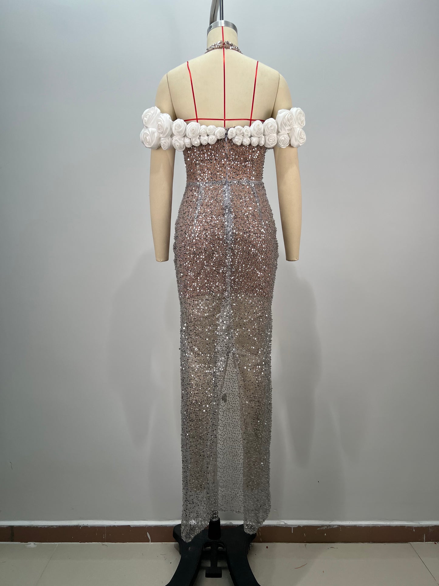Halter Floral Bardot Sequin Maxi Dress Silver HV1760