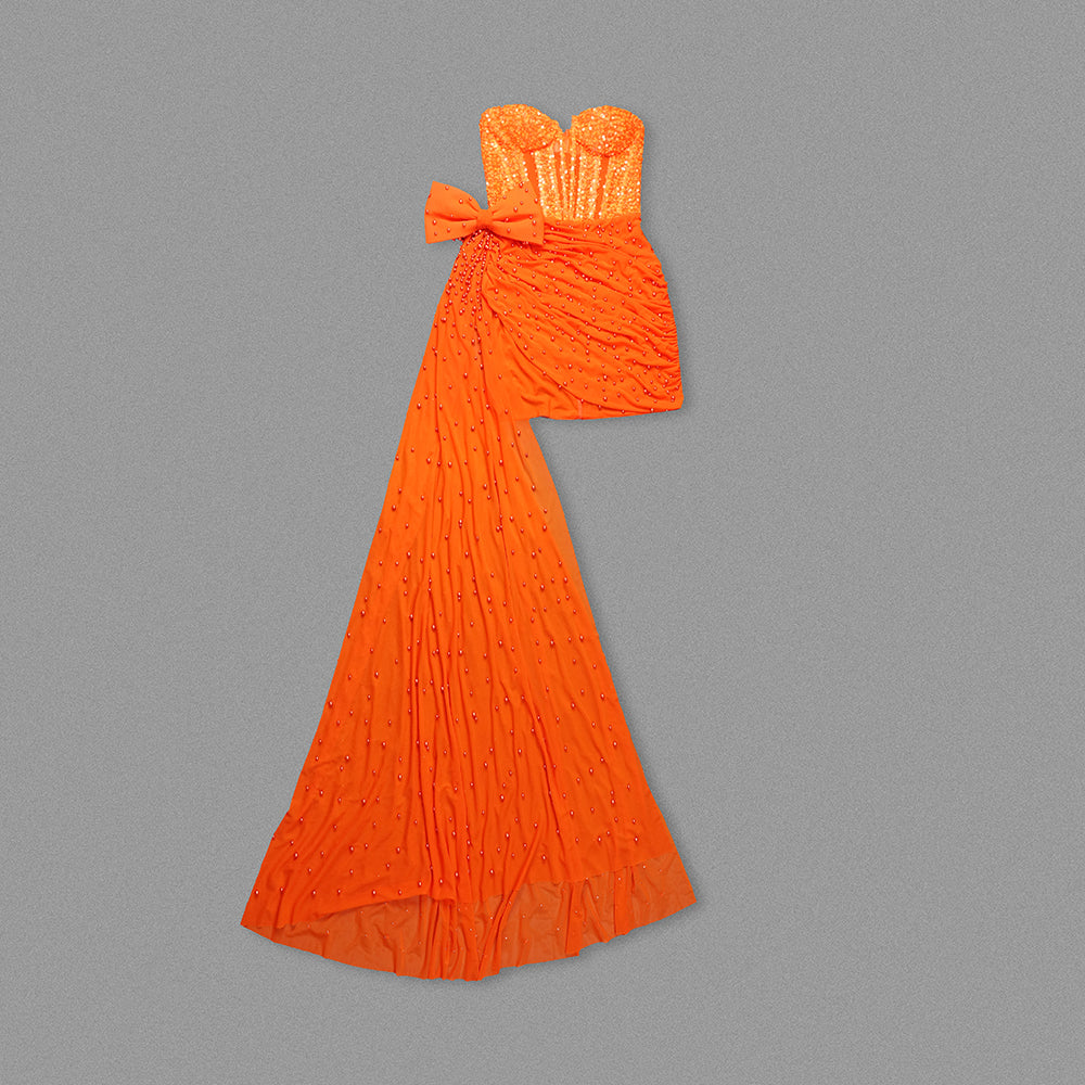 Strapless Corset Sequin Draped Dress Orange HV1679