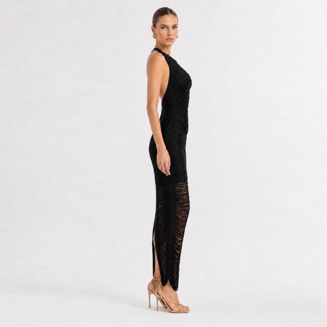 Halter Tassel Detail Maxi Dress Black HV3113