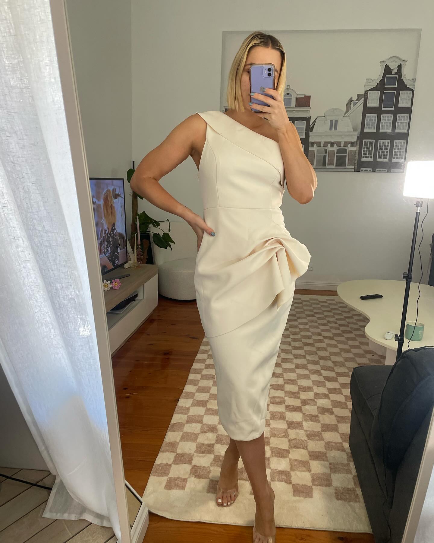 One Shoulder Draped Midi Dress White HV0003