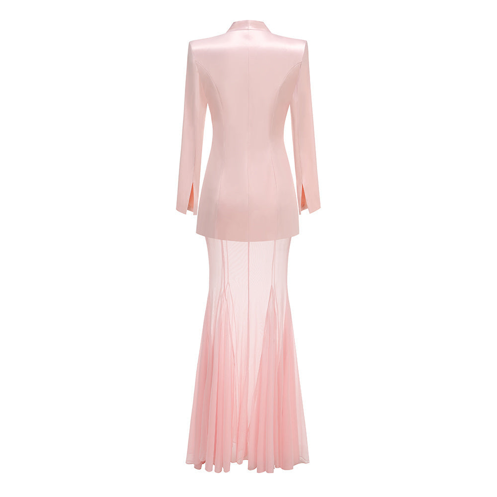 Long Sleeve Mesh Maxi Two Piece Dress Pink HV2572