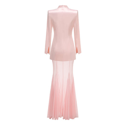 Long Sleeve Mesh Maxi Two Piece Dress Pink HV2572