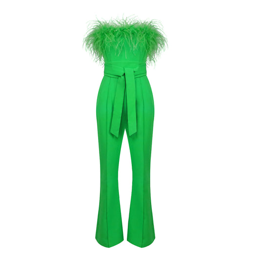 Strapless Feather Jumpsuit Green HV0009