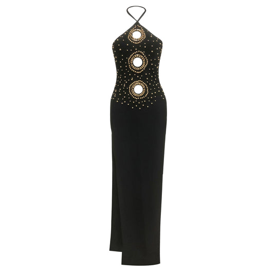Halter Embellished Cut Out Maxi Dress Black HV2103