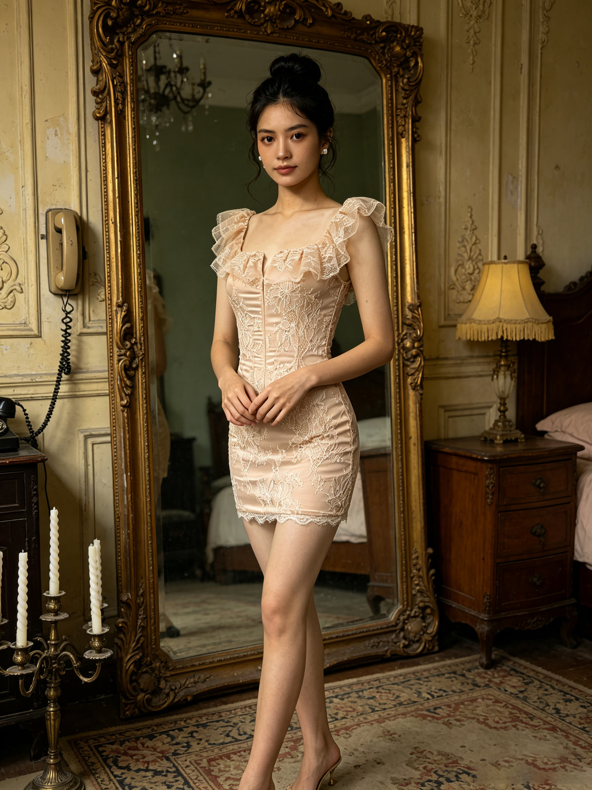 Lace Ruffle Structured Dress Peach Nude HV3232