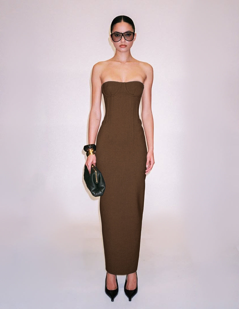 Strapless Bustier Maxi Dress Brown HV2653