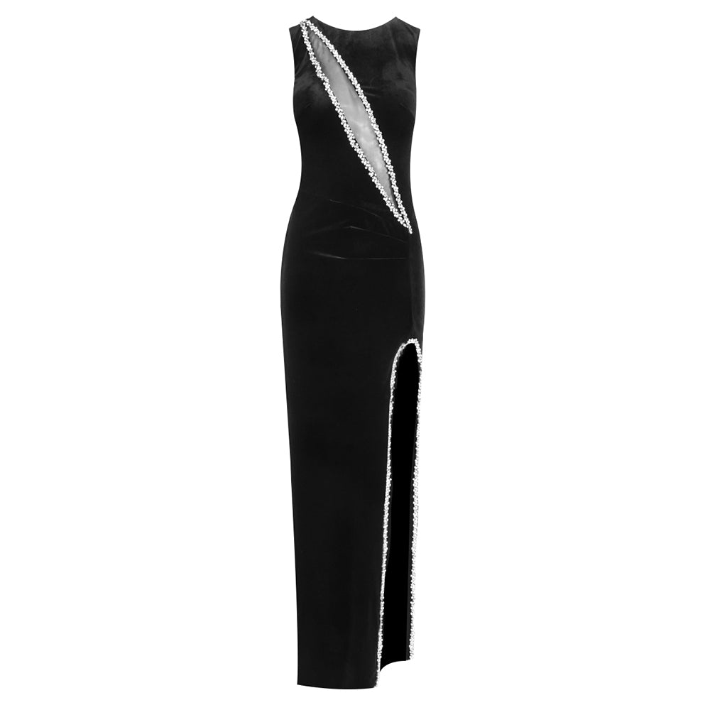 Crystal Mesh Insert Maxi Velvet Dress Black HV2092
