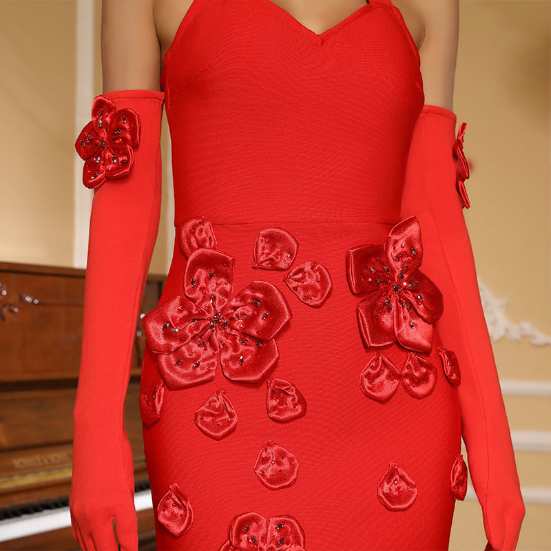 Halter Floral Gloves Maxi Dress Red HV2467