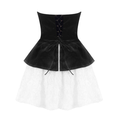 Strapless Corset Floral A Line Velvet Dress Black White HV0006