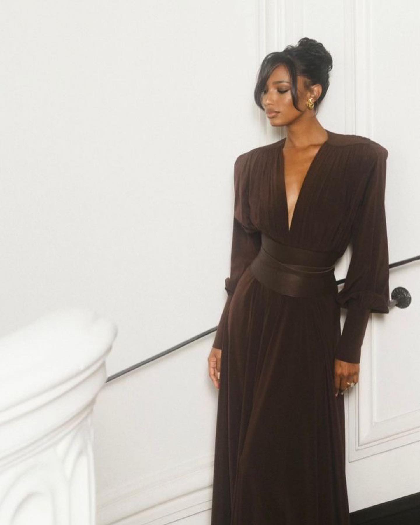 Long Sleeve Plunge V Neck Maxi Dress Brown HV1080