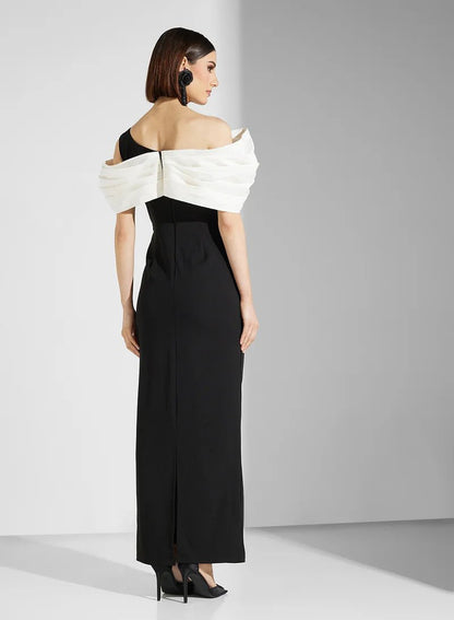 One Shoulder Bardot Crystal Maxi Dress Black White HV2900