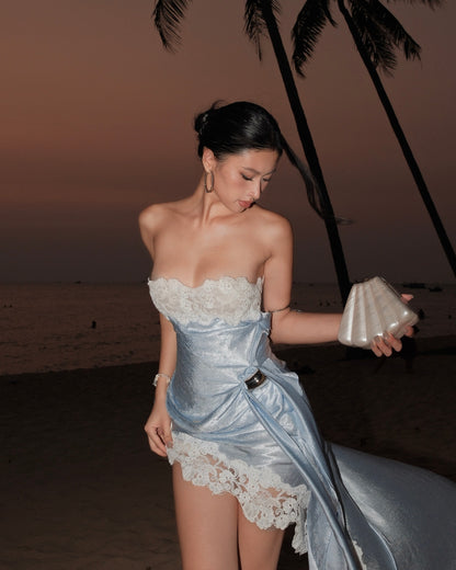 Strapless Lace Insert Maxi Dress Blue White HV3213