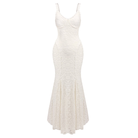 Strappy Lace Maxi Dress Ivory HV0161