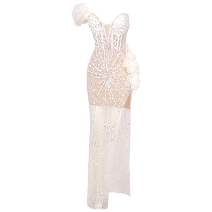 Ruffle Bardot Embellished Maxi Dress White HV1725