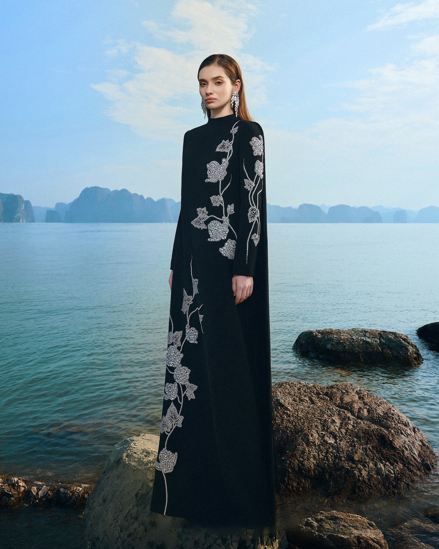 Long Sleeve Floral Crystal Maxi Dress Black HV2646