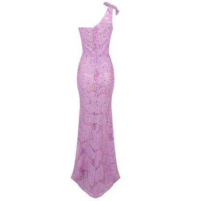 One Shoulder Floral Sequin Maxi Dress Lavender HV1711