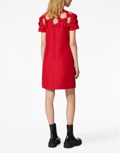 Short Sleeve Bow Detail A Line Dress Red  HV1361