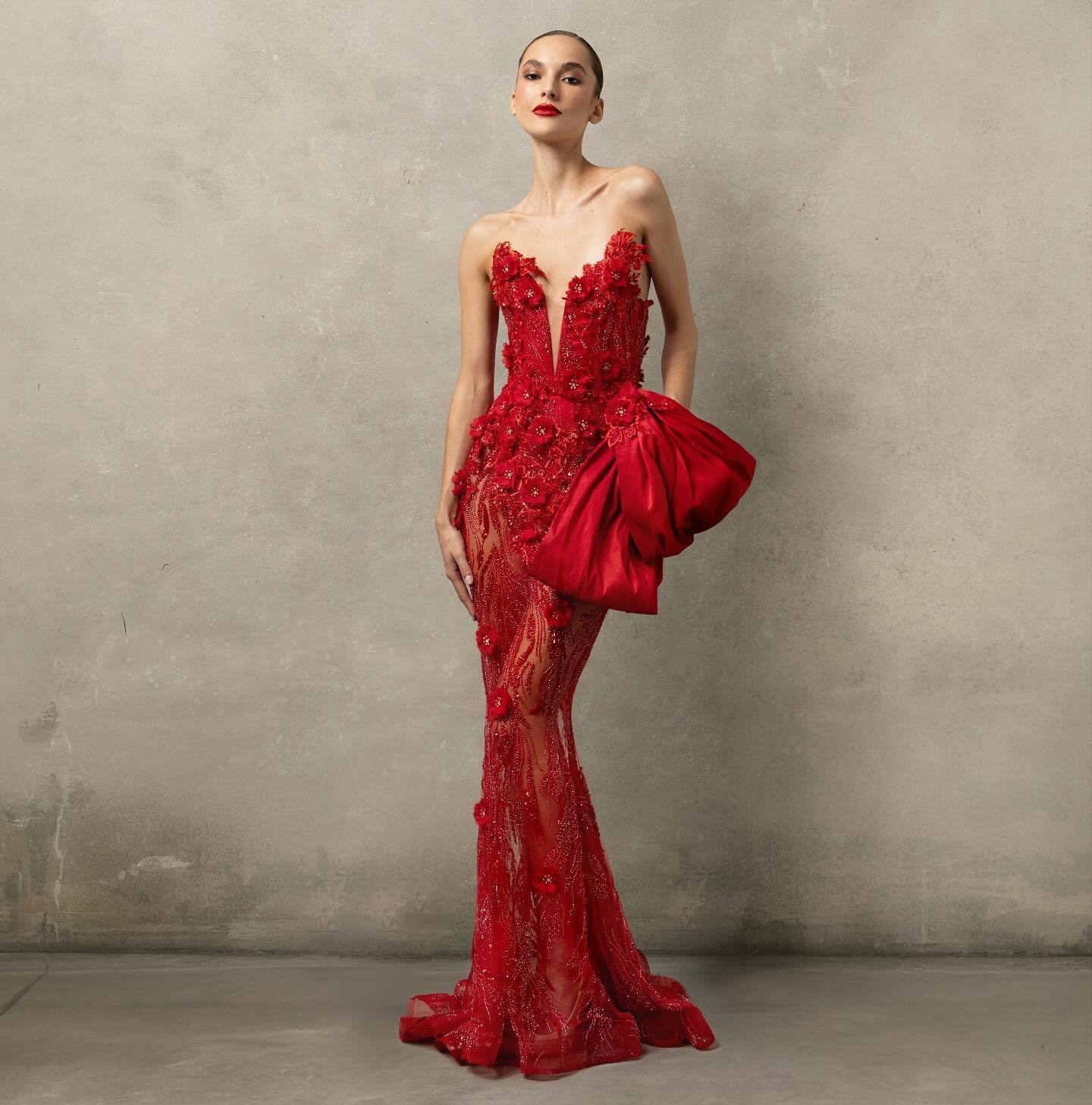 Strapless Floral Sequin Maxi Dress Red HV2729
