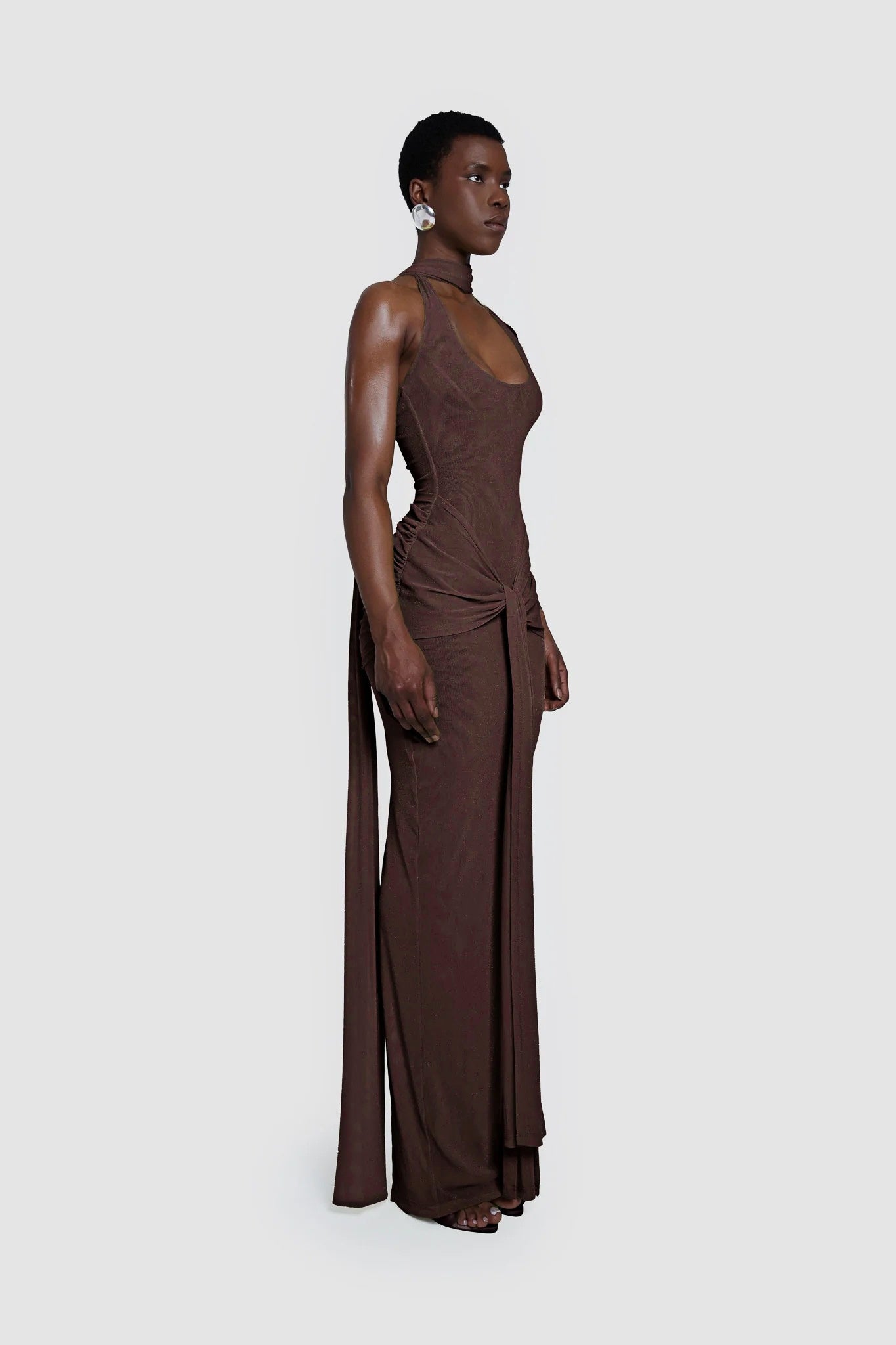 Halter Sparkly Maxi Dress Brown HV0009