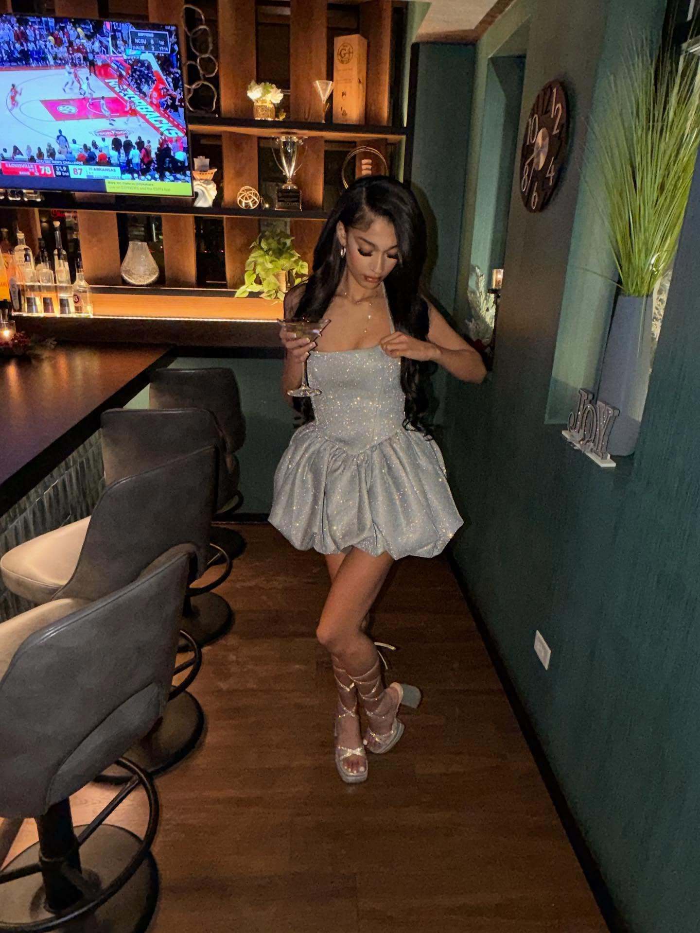 Halter Sparkly Bubble Corset Dress Silver HV2749