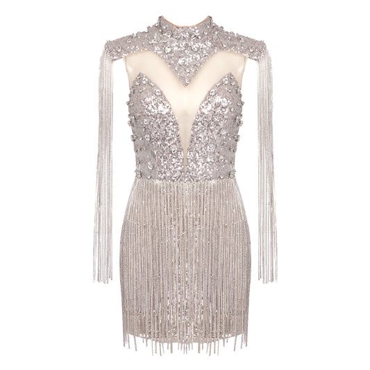 Crystal Sequin Tassel Dress Rose Silver HV1402