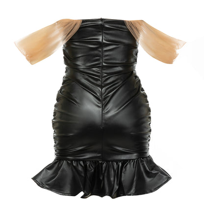 Off Shoulder Ruched Faux Leather Dress Black  HV9694