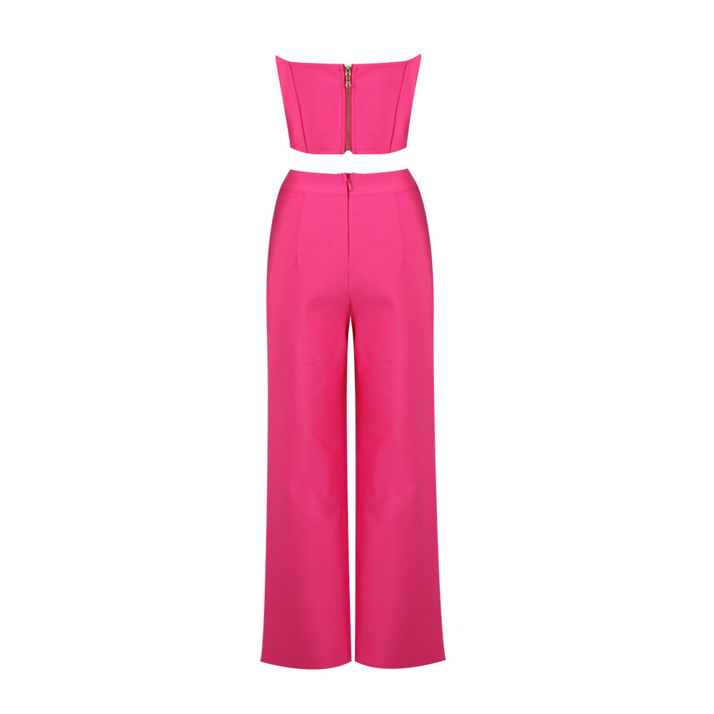 Strapless Crystal Bustier Two Piece Jumpsuit Hot Pink HV9772