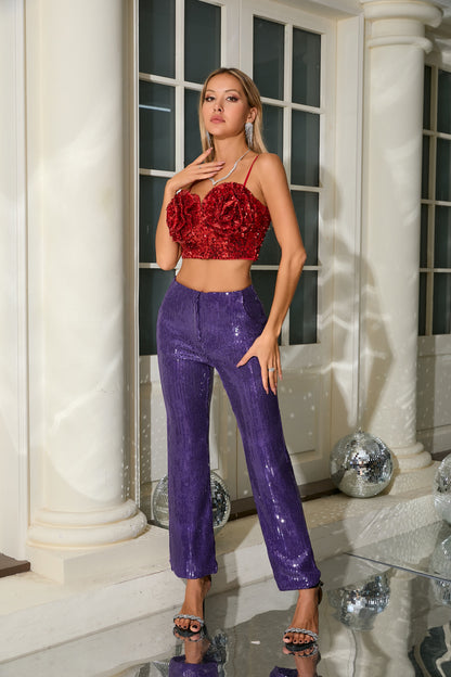 Floral Sequin Corset Two Piece Set Red Purple HV1564