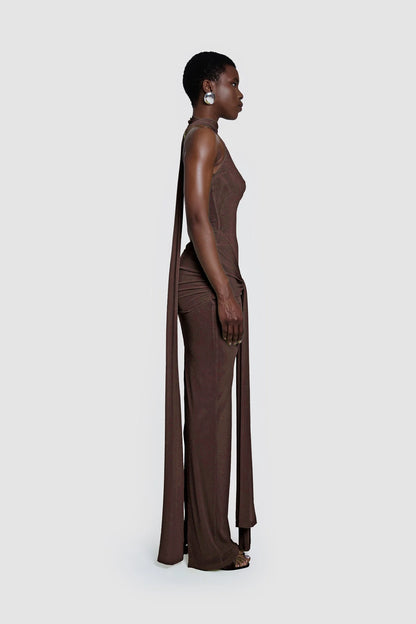 Halter Sparkly Maxi Dress Brown HV0009