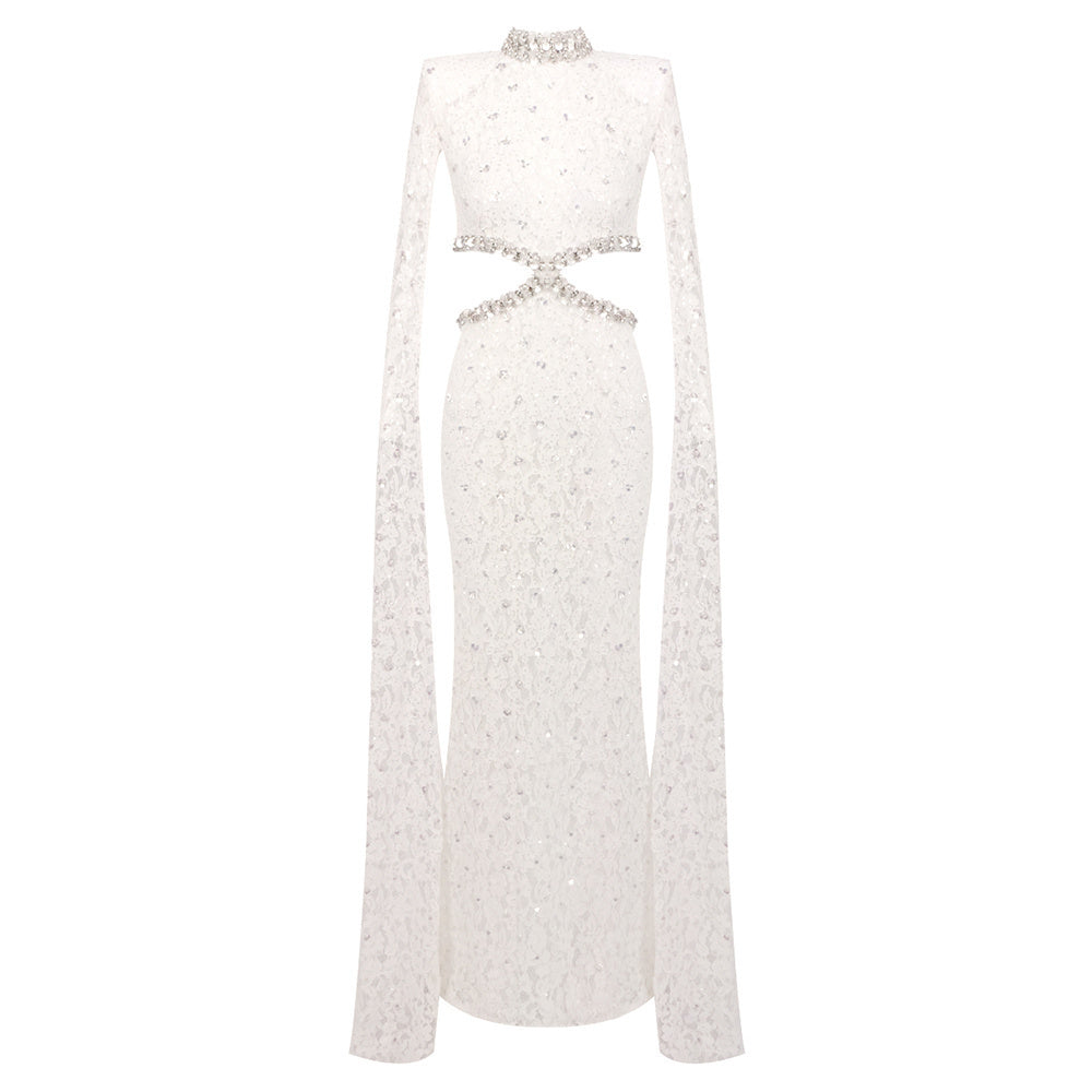 Cape Sleeve Crystal Lace Maxi Dress White HV0038