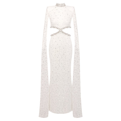 Cape Sleeve Crystal Lace Maxi Dress White HV0038