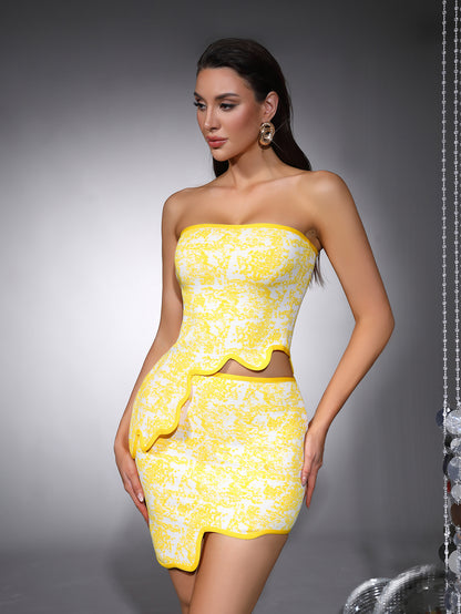 Strapless Scalloped Two Piece Dress Yellow HV2869