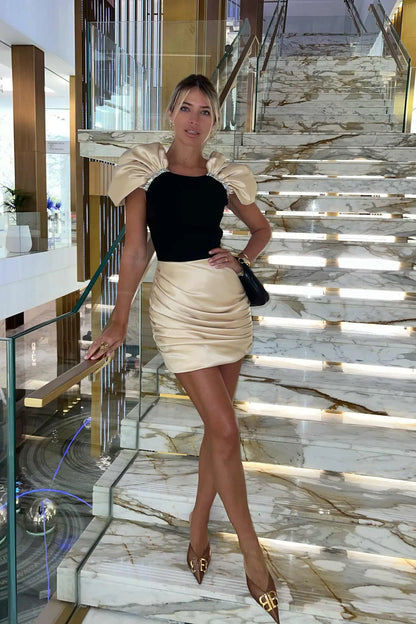 Draped Crystal Detail Dress Ivory Black