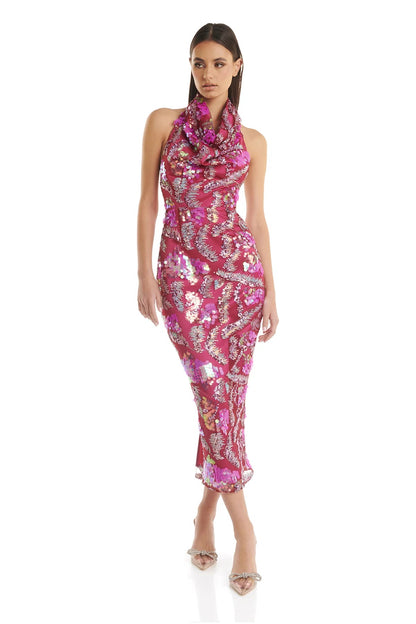 Halter Floral Sequin Midi Dress Hot Pink HV1618