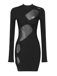 Long Sleeve Mesh Insert Ribbed Dress Black