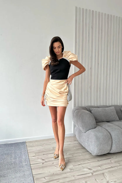 Draped Crystal Detail Dress Ivory Black